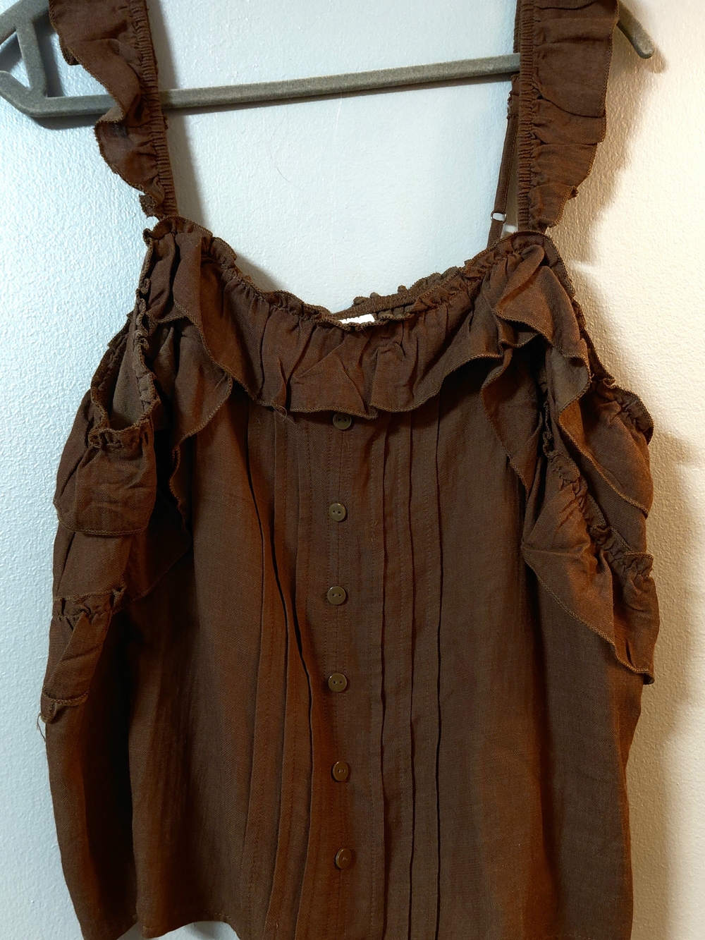 Universal Thread Brown Ruffle Button-Front Tank Top